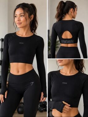 Gymshark Black Fitted Long Sleeve Crop Top. XS.